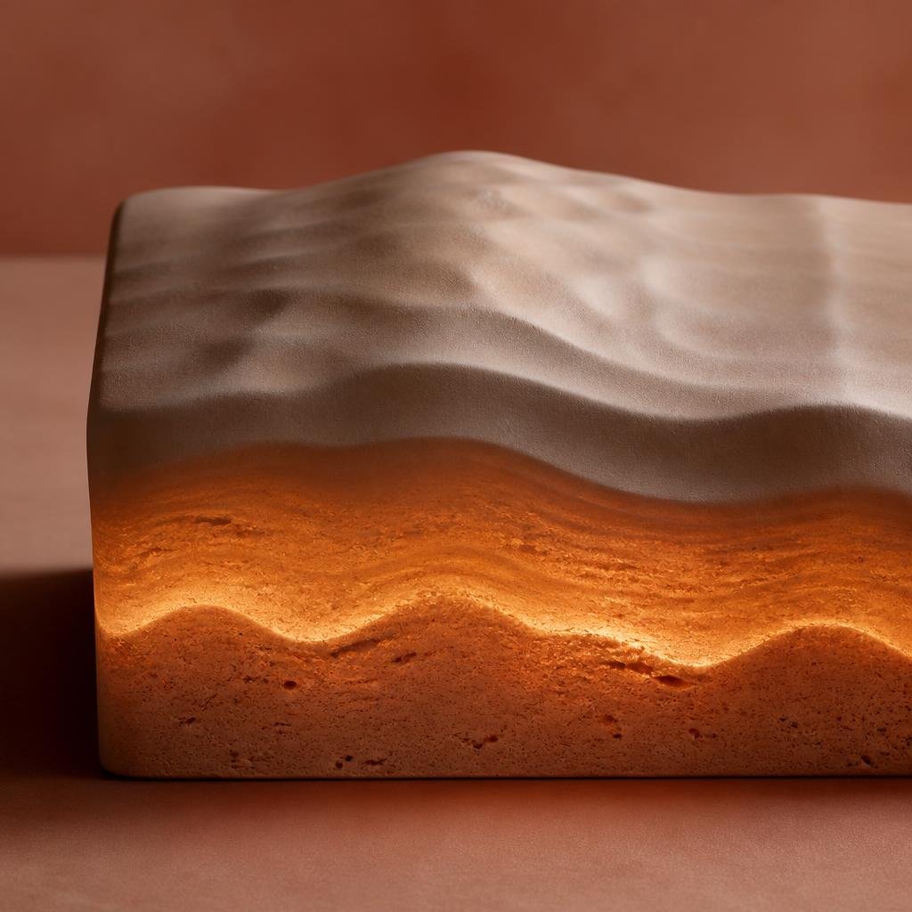 Microwave lifting energy shown abstractly as diffuse warmth reaching a deep stratum in a clay-toned form