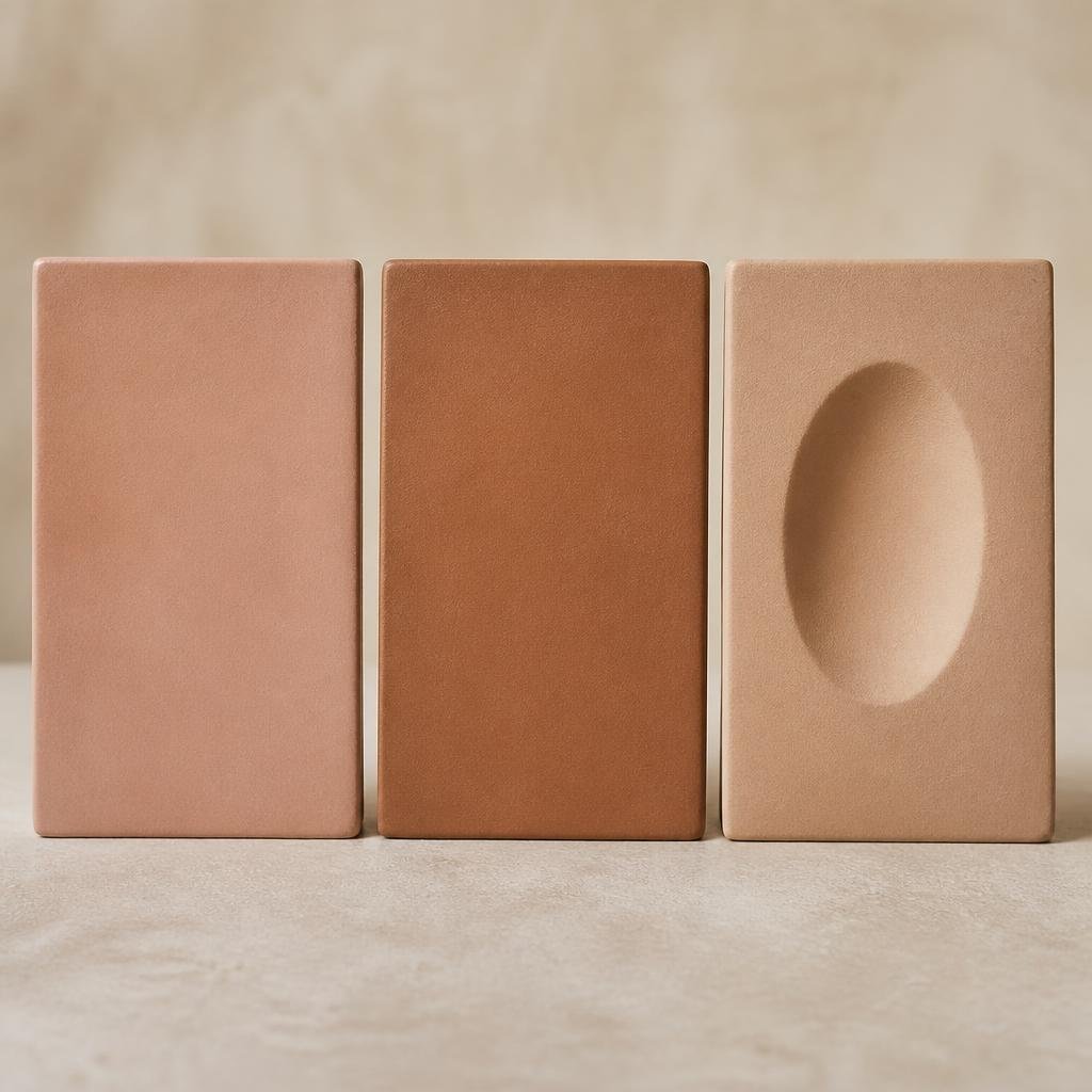 Abstract comparison of three surface samples in rose, brown and shadowed tones
