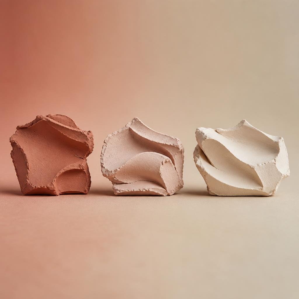 Abstract sequence of three rose-toned volumes fading progressively toward neutral