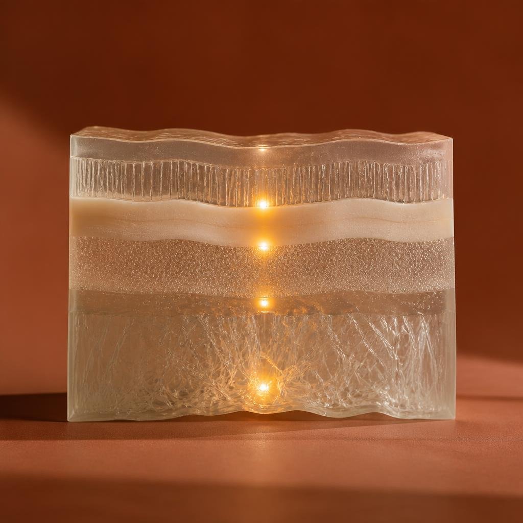 Abstract visual of depth-targeted energy reaching different levels of a sculptural block