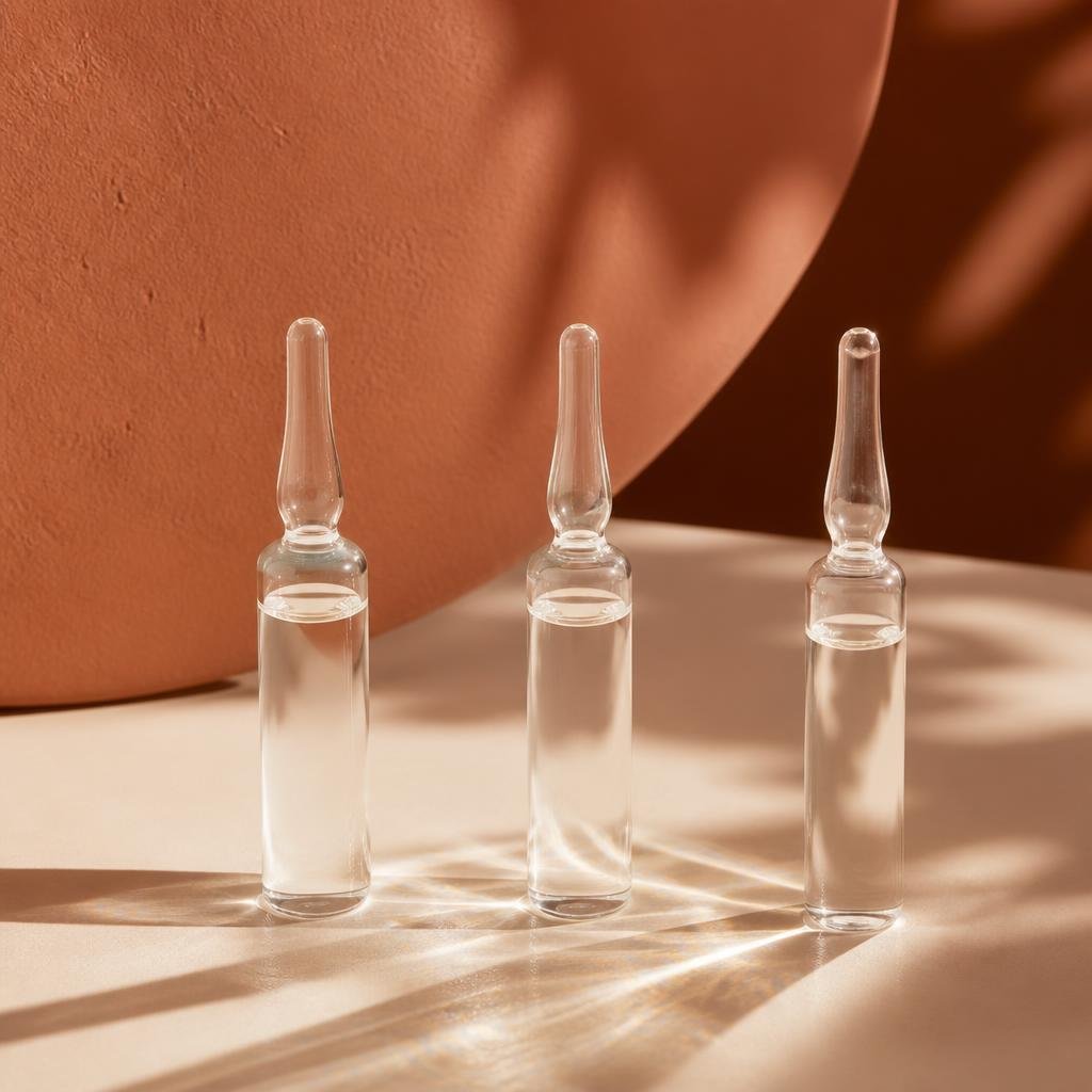 不同注射療程分流評估的抽象呈現,三支無標籤透明安瓶