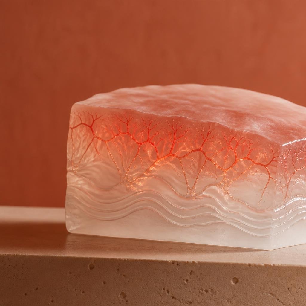 Abstract cross-section of inflamed vascular redness beneath a cream sculptural surface