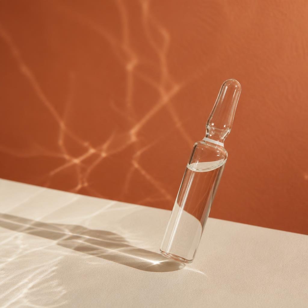 An unbranded clear glass ampoule of serum on a soft cream surface with faint light refraction