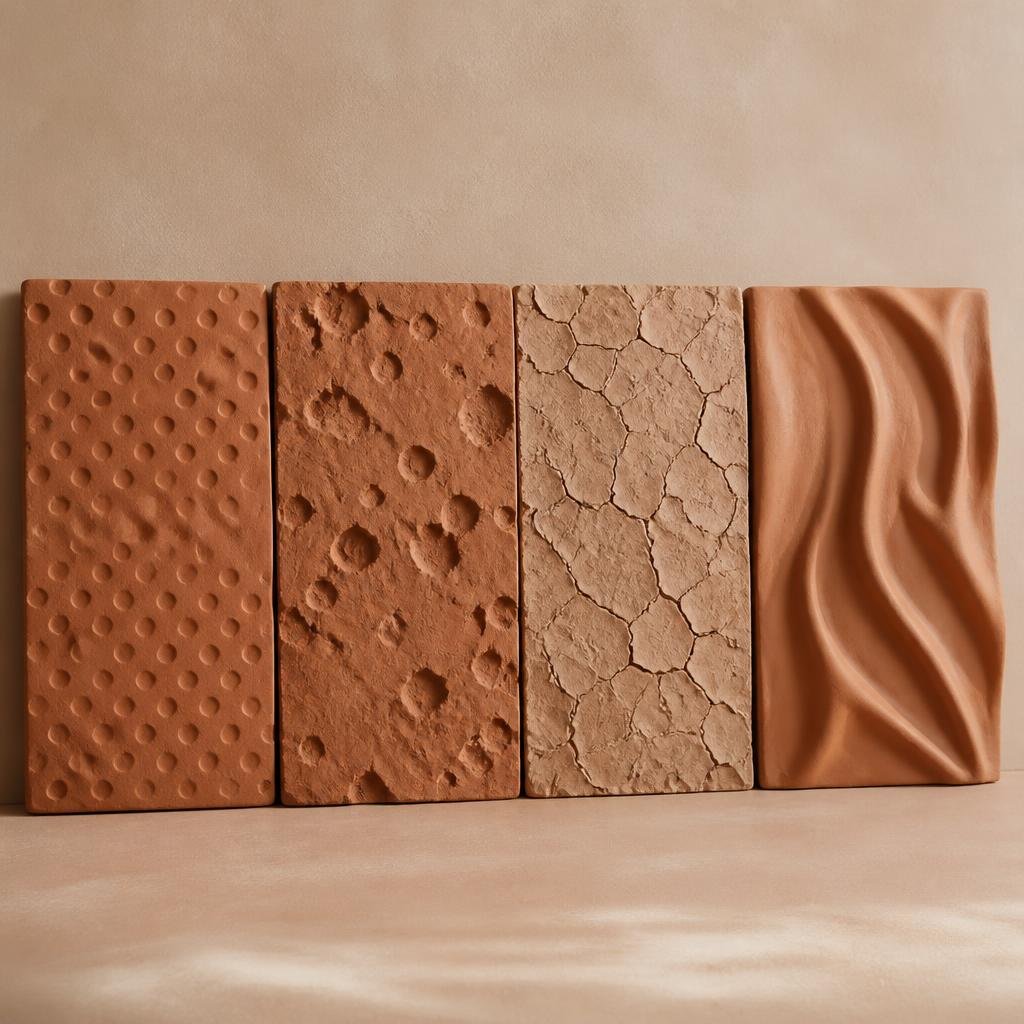 Abstract representation of four distinct surface patterns illustrating the causes of textured skin