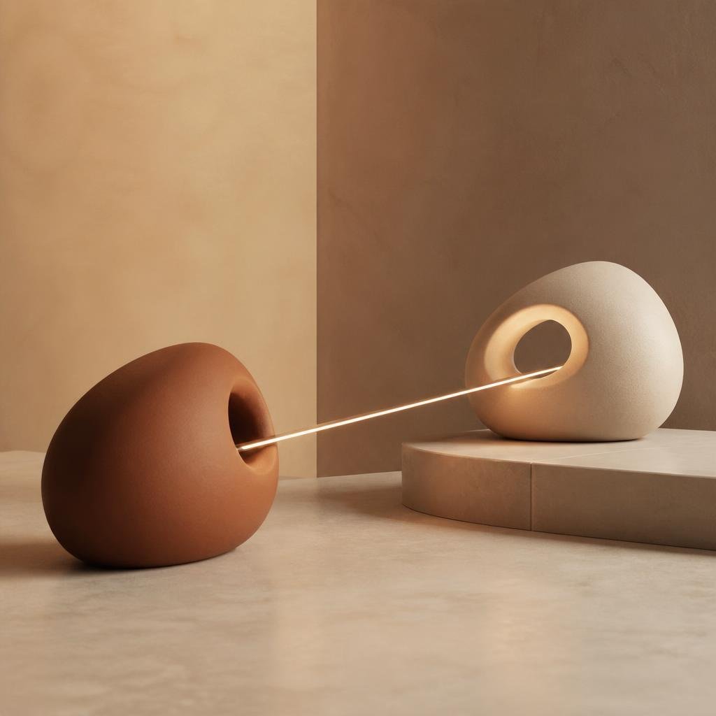 Abstract composition of two ceramic forms connected by a single line of light, representing continued aftercare