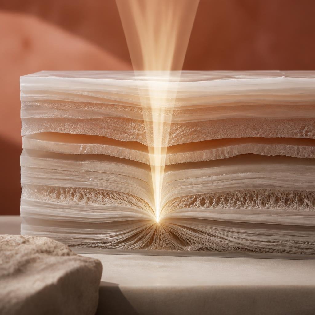 Ultherapy Prime focused ultrasound reaching the deep SMAS layer, abstract cross-section