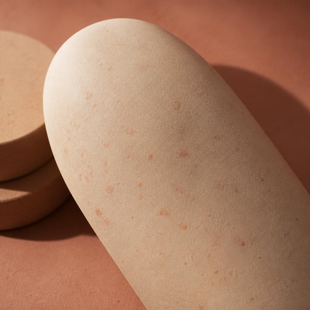 Abstract representation of red post-acne marks fading on a cream surface