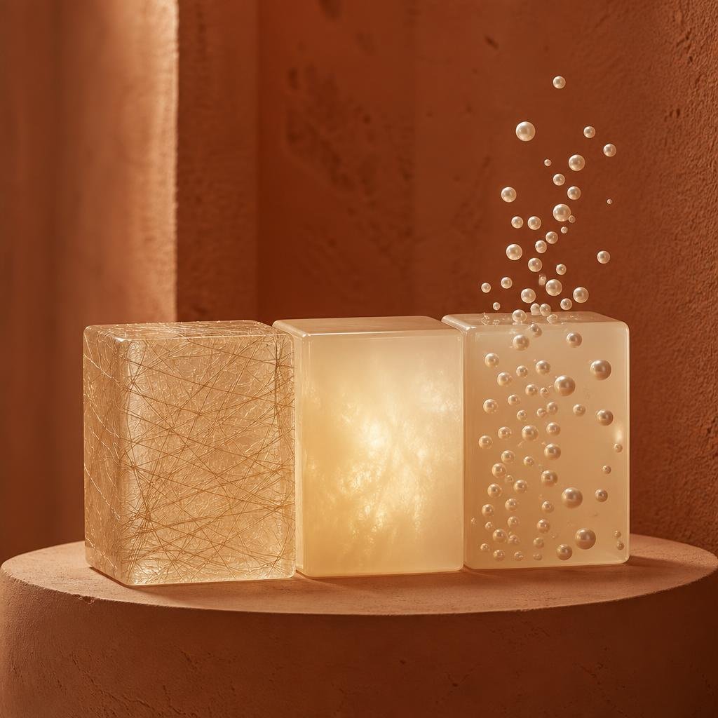 Three skin booster families represented as translucent sculptural blocks